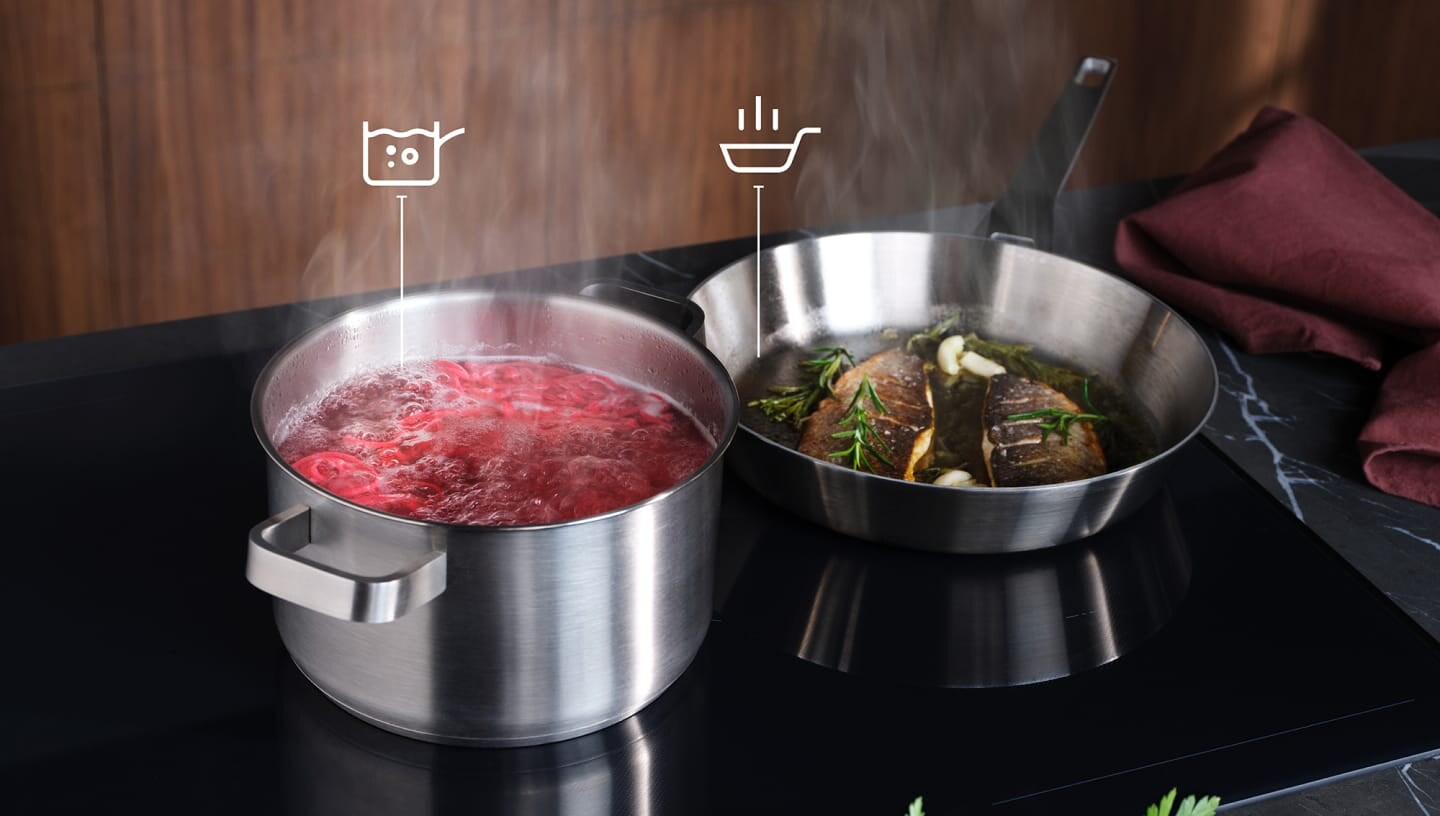 Ruoka kypsennetään induktiotasolla SenseBoil & Fry -toiminnon avulla.