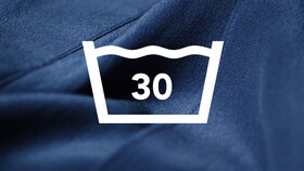 Sinistä puuvillaa ja yllä 30 asteen pesumerkki