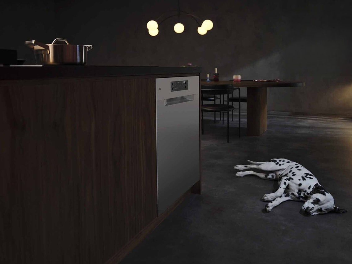 Kapea AEG-astianpesukone ruostumatonta terästä asennettuna tummaan keitttiöön, jonka lattialla nukkuu dalmatialaiskoira.